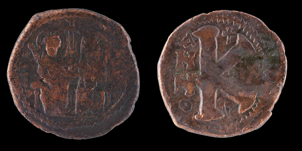 Χάλκινο νόμισμα (εικοσανούμμιο) Ιουστίνου Β΄και Σοφίας (565-578 μ.Χ.).  